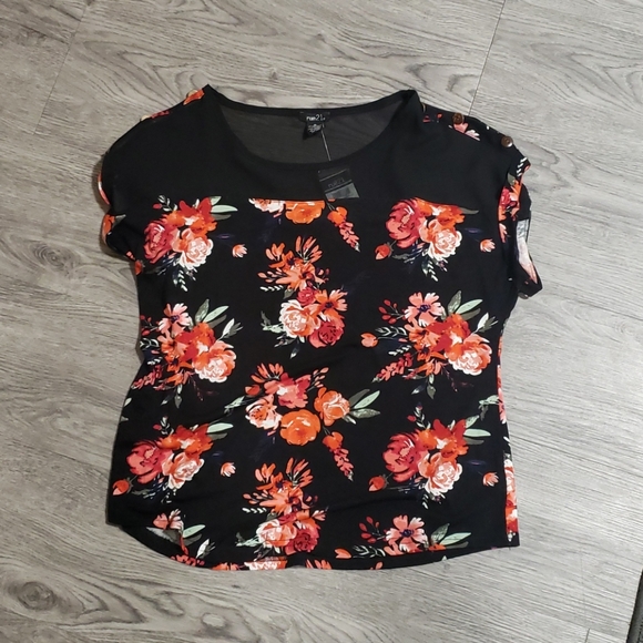 Black and red floral shirt with sheer top - Picture 1 of 2